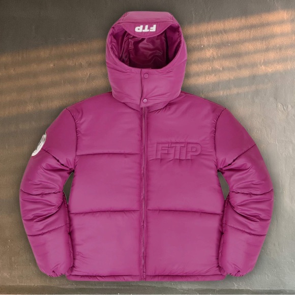 ❗️SOLD❗️☠︎︎ FTP LOGO WORLD DOMINATION QUILT PUFFER JACKET PLUM ☠︎︎ - Picture 3 of 15